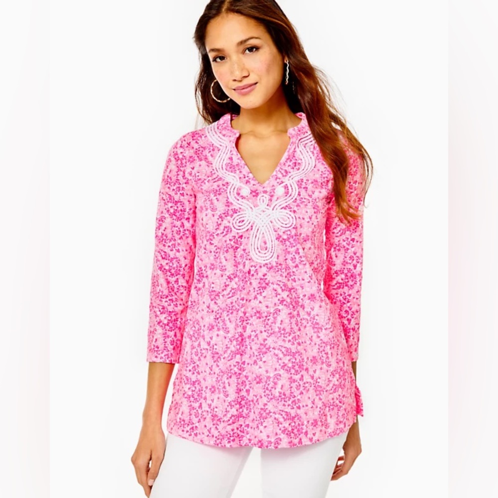 NWT Lilly Pulitzer Kaia Pink and White Knit Tunic Size XS Vibrant Coastal Prep